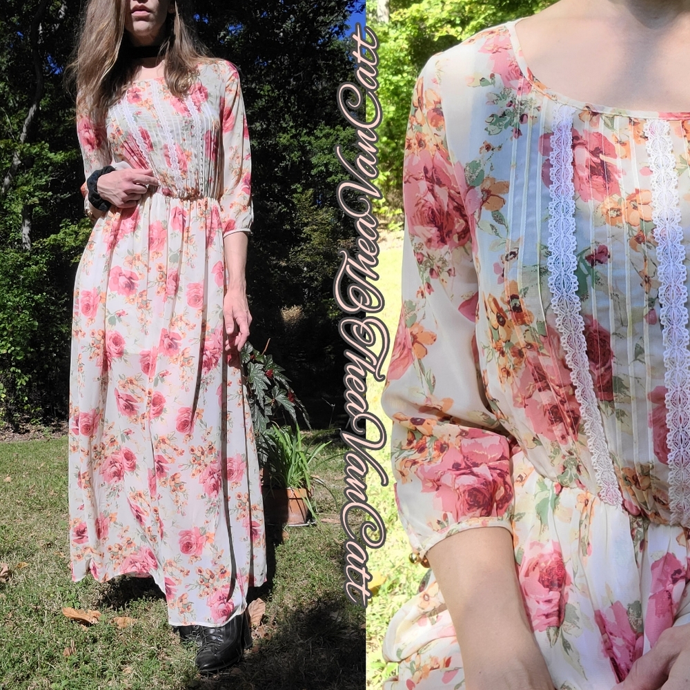 Forever 21 🌸 Cottagecore Prairie lace & roses floral semi sheer maxi dress 🌺